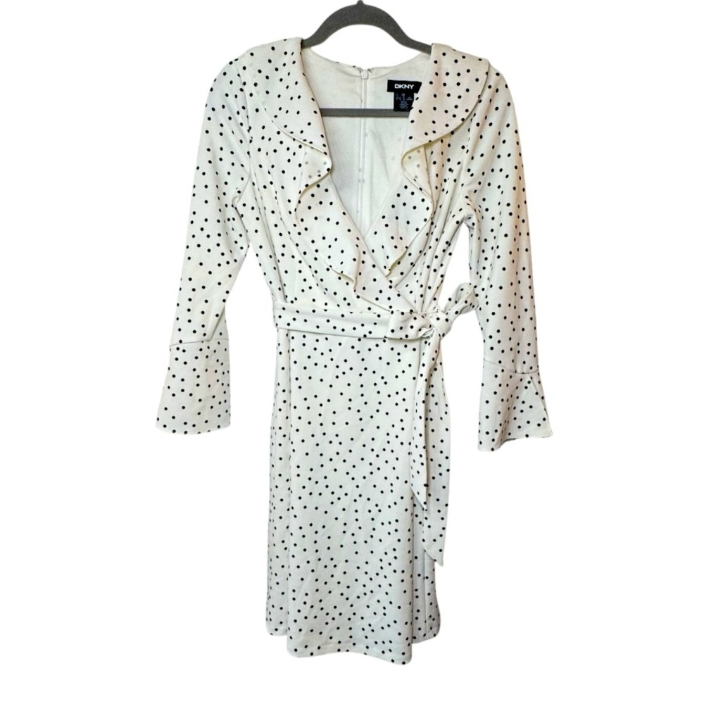 DKNY Cream and Black Polka Dot Faux Wrap Dress with Ruffle V Neck & Belt Size 4